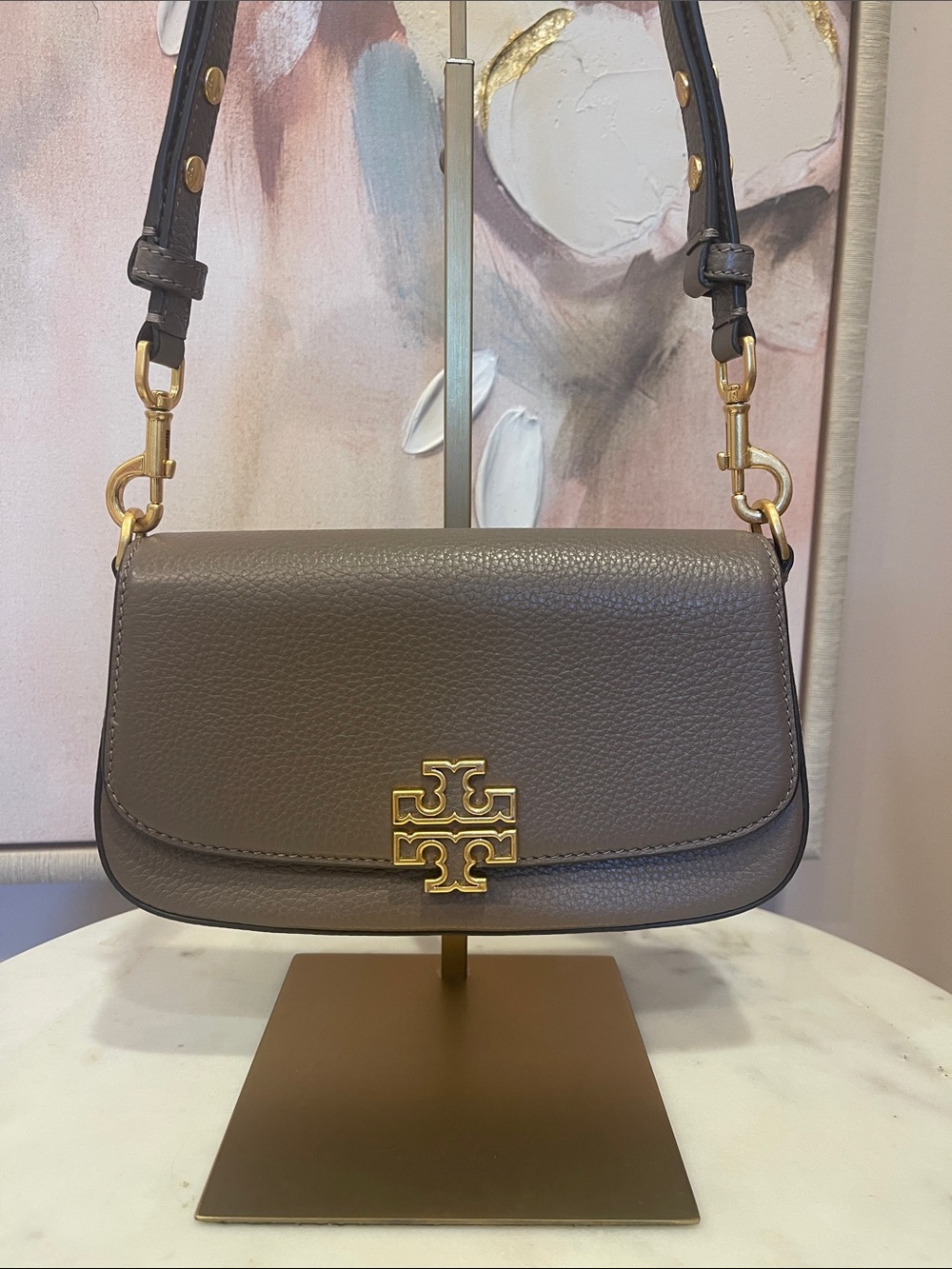 Tory Burch Pebbled Leather Shoulder Bag in Taupe with Gold Logo